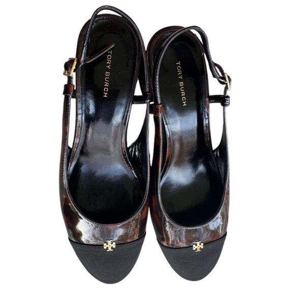 TORY BURCH Women's Size 8 Cap Toe Slingback Pump In Tortoise Patent / Black - Picture 3 of 13